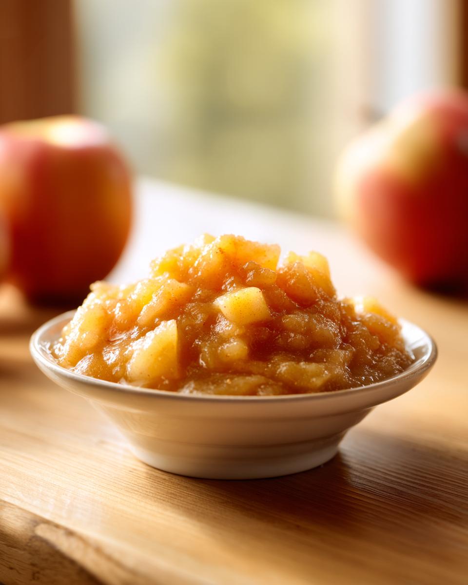 Close-up of chunky homemade applesauce served in a small white bowl on a wooden surface.