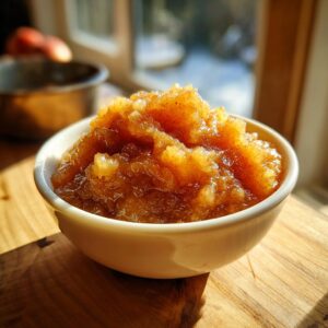 Close-up of a white bowl filled with chunky, spiced homemade applesauce, sitting on a wooden surface.