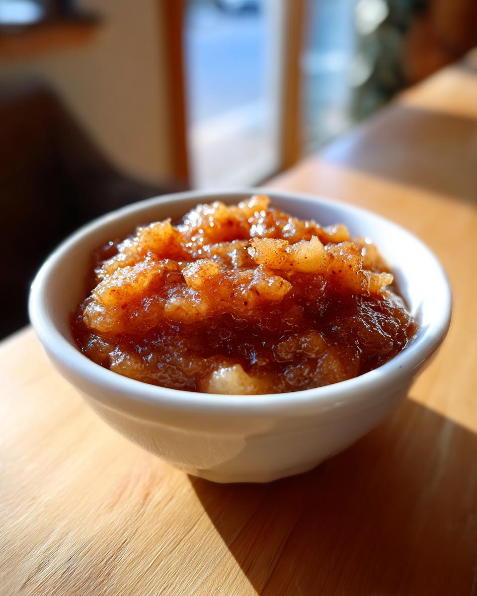 Close-up of chunky, spiced homemade applesauce served in a small white bowl on a wooden surface.