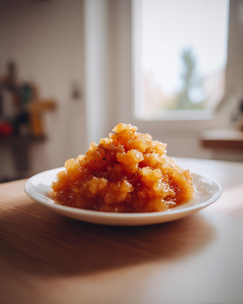 A mound of chunky, spiced homemade applesauce served on a small white dish on a wooden table.