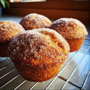 Close-up of four golden cinnamon sugar french toast muffins cooling on a wire rack.