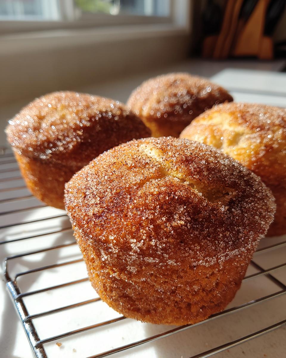 Four golden brown cinnamon sugar french toast muffins resting on a wire cooling rack in bright sunlight.
