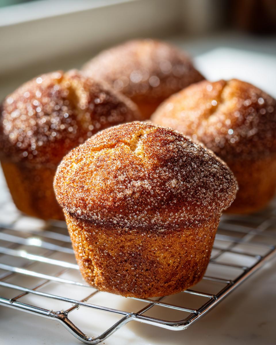 Close-up of a golden brown cinnamon sugar french toast muffins cooling on a wire rack, heavily coated in sparkling sugar.