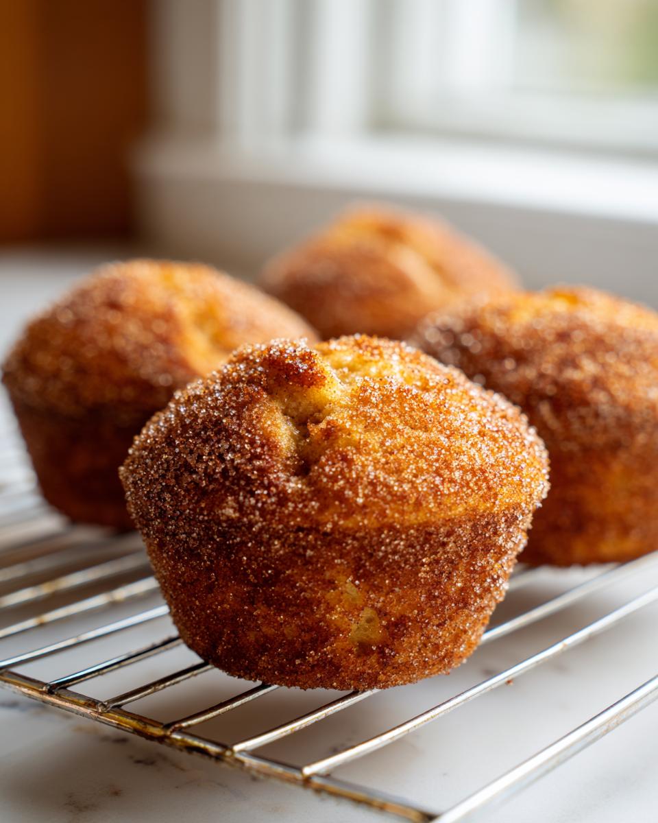 Close-up of four cinnamon sugar french toast muffins cooling on a wire rack.