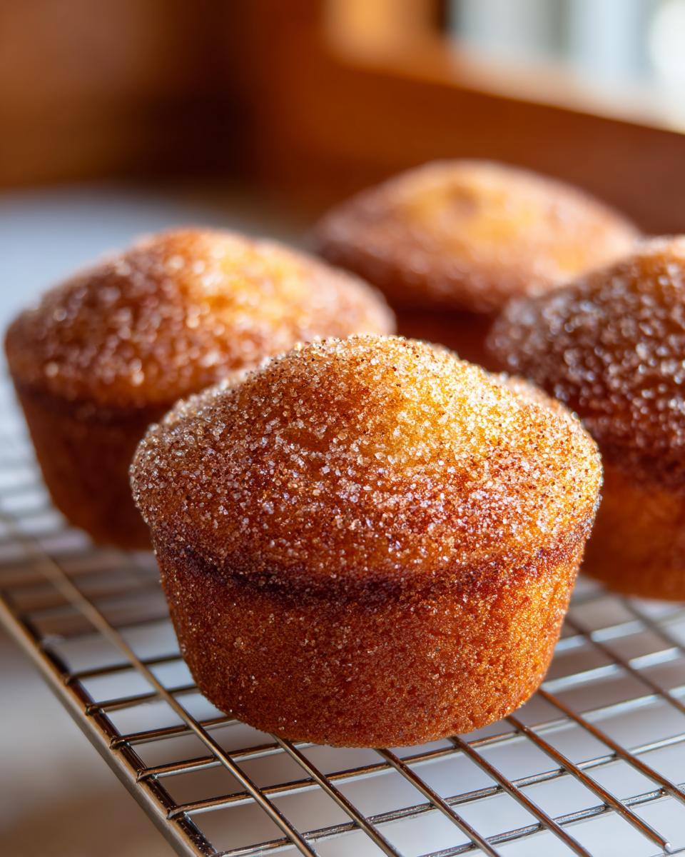 Close-up of freshly baked cinnamon sugar french toast muffins cooling on a wire rack.