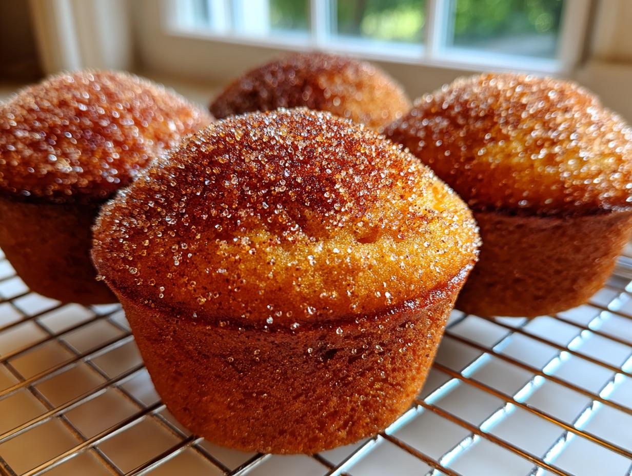Four golden brown cinnamon sugar french toast muffins cooling on a wire rack with a bright window background.