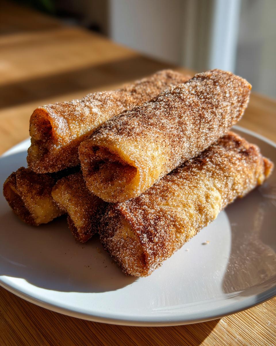 A stack of golden brown peach cobbler egg rolls generously coated in cinnamon sugar, resting on a white plate.