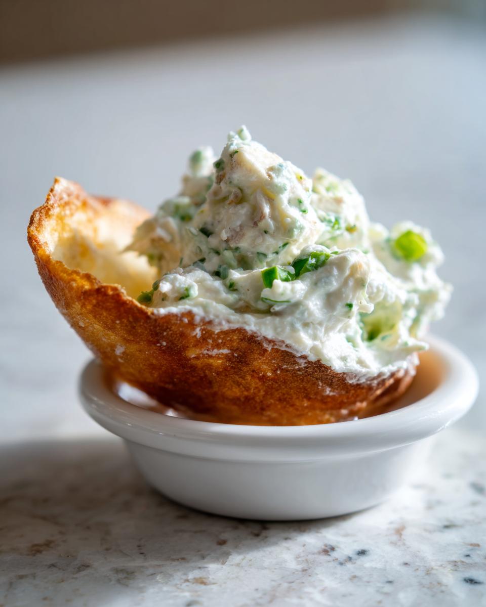 Close-up of creamy clam dip mixed with green herbs served inside a small, toasted bread bowl.