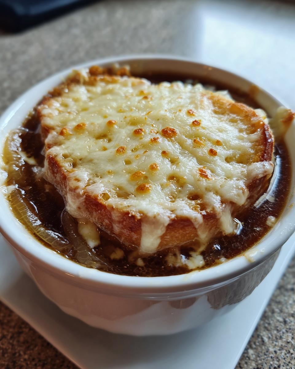 Close-up of a bowl of rich french onion soup topped with a thick layer of melted, bubbly Gruyère cheese on toasted bread.