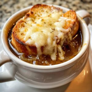 Close-up of a bowl of rich french onion soup topped with a toasted crouton and melted, bubbly Gruyère cheese.