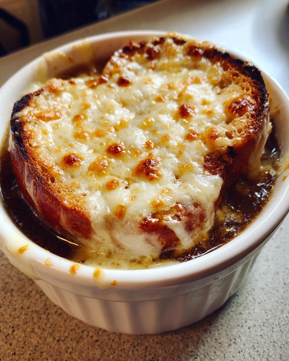 Close-up of a bowl of rich french onion soup topped with a thick crouton covered in bubbly, melted Gruyère cheese.