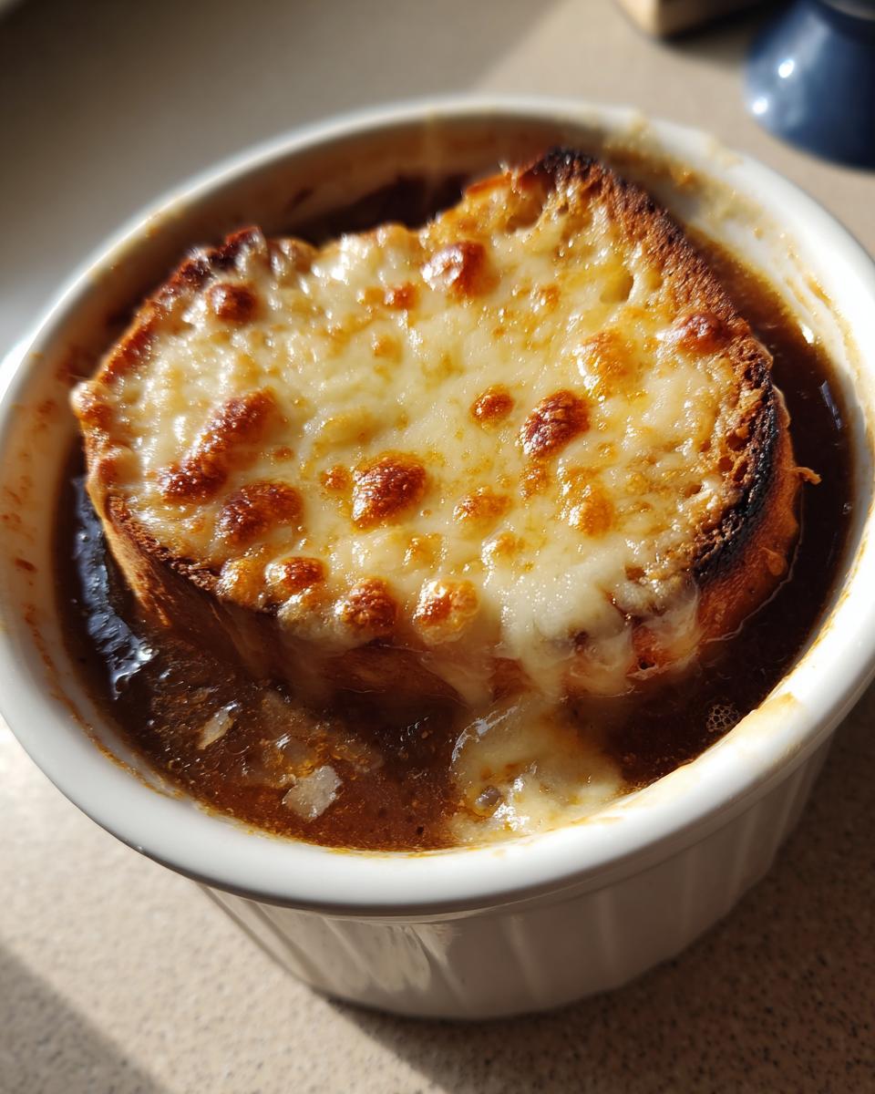 Close-up of a bowl of rich french onion soup topped with a thick, browned layer of melted Gruyère cheese over toasted bread.
