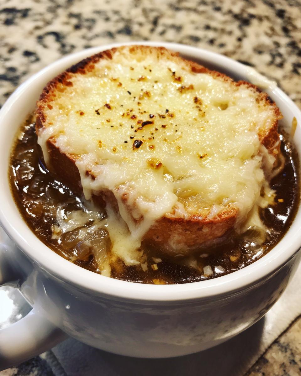 Close-up of a bowl of rich french onion soup topped with a toasted bread slice covered in melted, bubbly cheese.