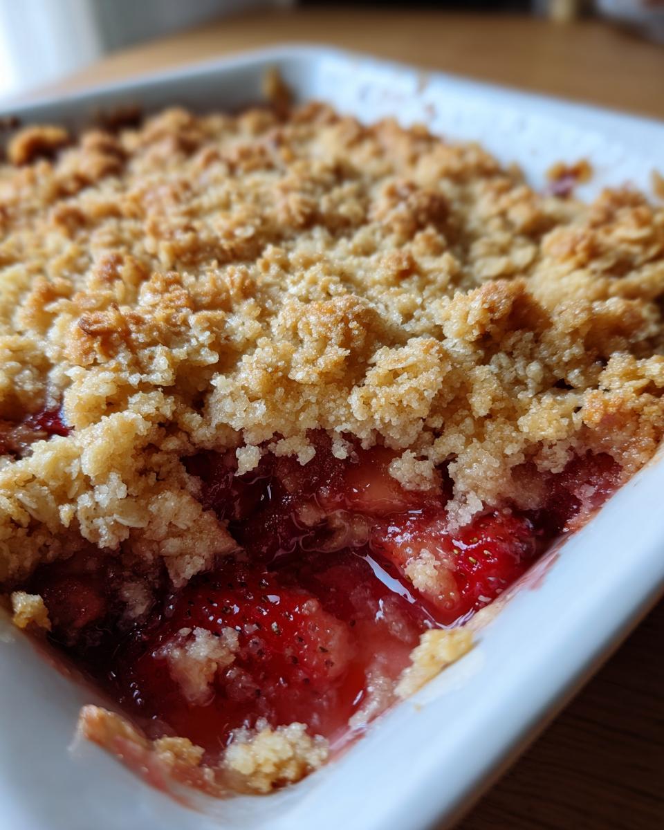 A close-up view showing the bubbling, bright red fruit filling beneath the golden, crumbly topping of a rhubarb crisp.