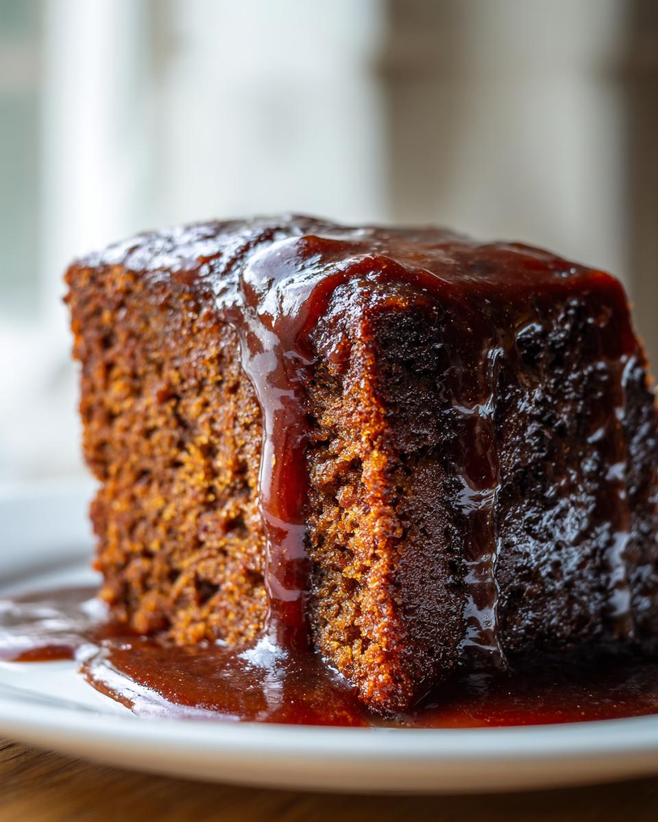 A close-up of a square slice of rich, dark sticky toffee pudding recipe covered in glistening toffee sauce.