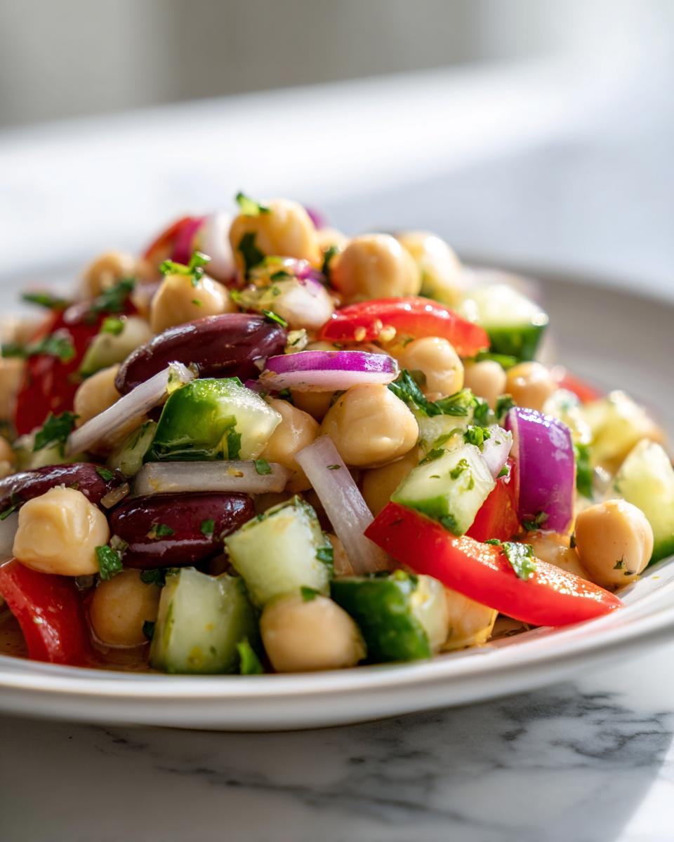 Close-up of a vibrant bean salad featuring chickpeas, kidney beans, cucumber, red onion, and red pepper.