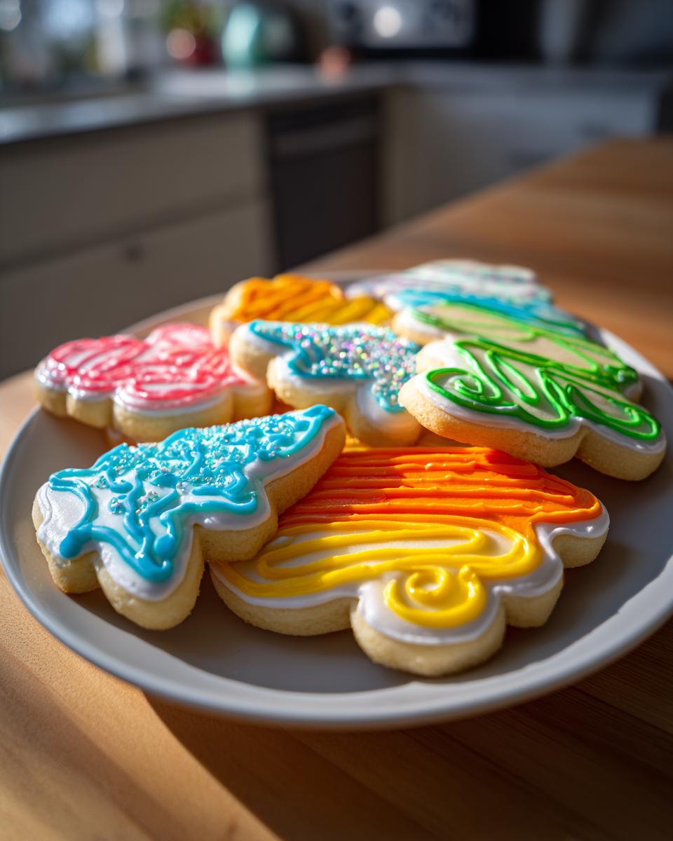 A plate of colorful, decorated sugar cookies featuring a vibrant sugar cookie icing recipe in shades of blue, green, pink, and orange.