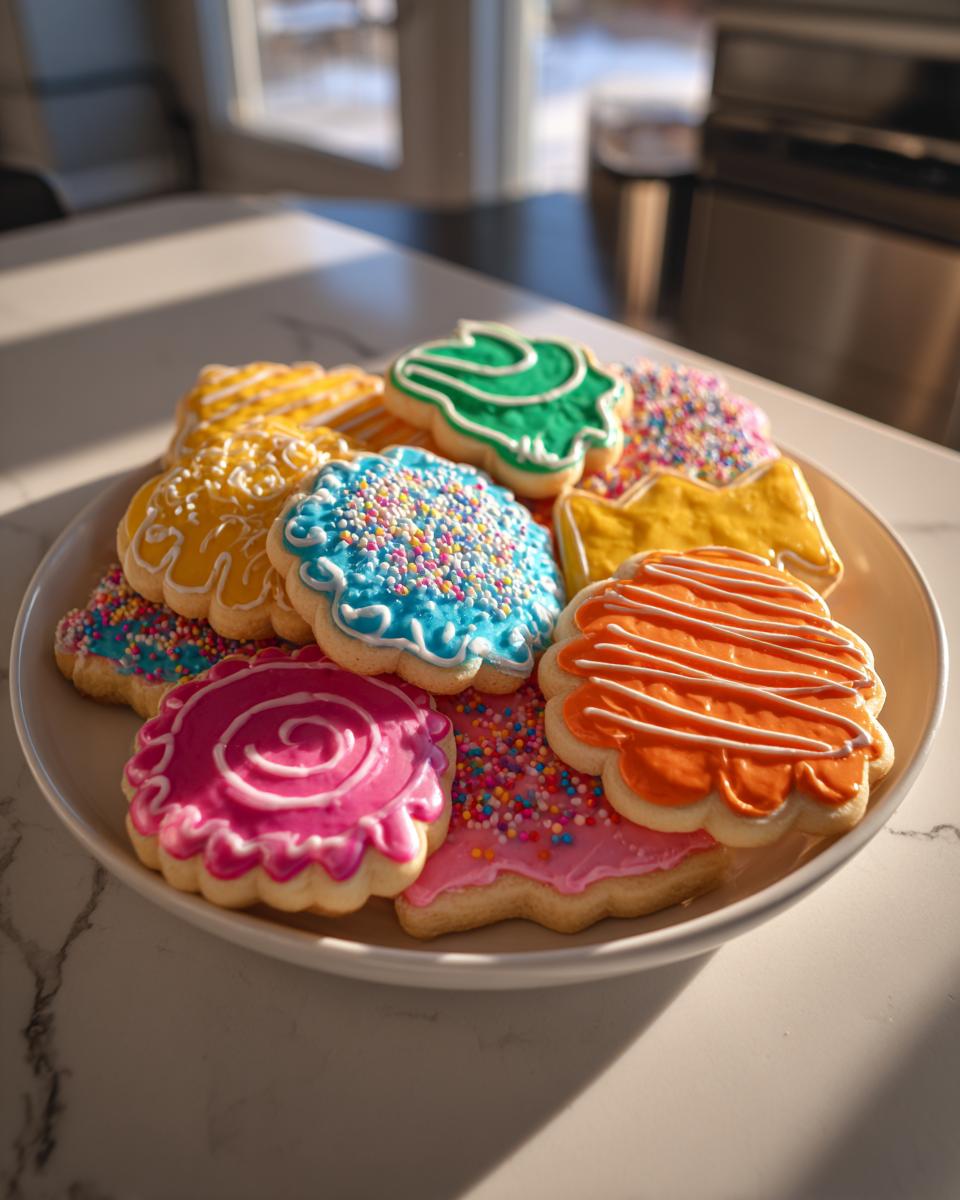 Plate of colorful sugar cookies decorated with bright, hardened sugar cookie icing recipe frosting and sprinkles.