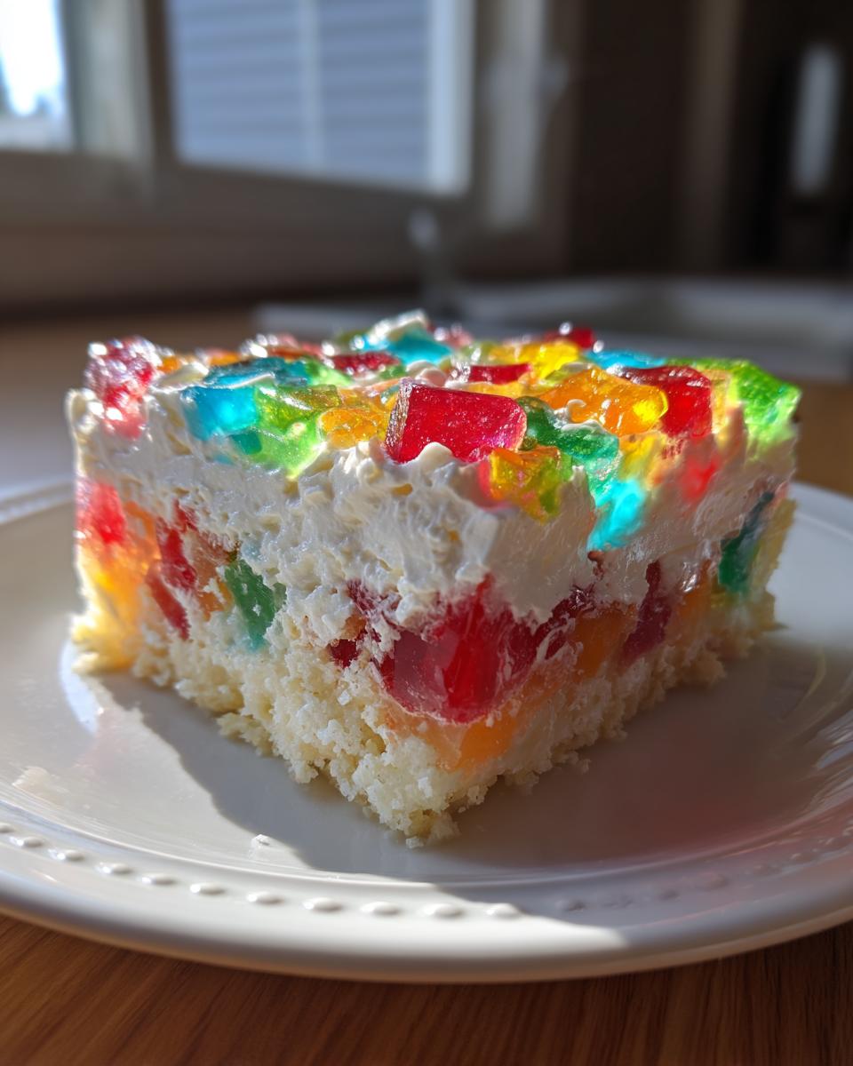 A square slice of vibrant jello poke cake showing colorful gelatin cubes suspended in white filling over a white cake base.