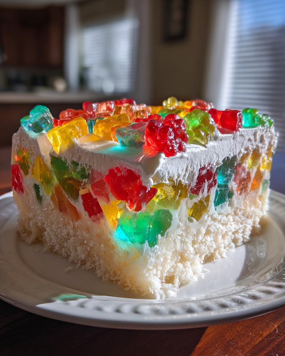 A slice of vibrant jello poke cake featuring colorful gelatin cubes suspended in white filling, topped with whipped cream and gummy bears.