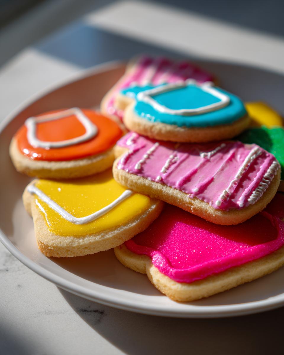 A pile of colorful sugar cookies decorated with bright, glossy sugar cookie icing recipe frosting in pink, yellow, blue, and orange.