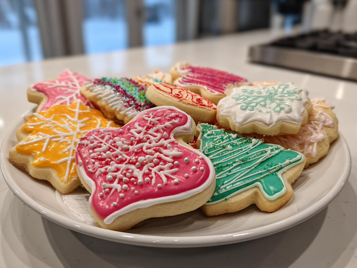 A plate piled high with holiday-shaped sugar cookies decorated with brightly colored royal icing from the 5-minute sugar cookie icing recipe.
