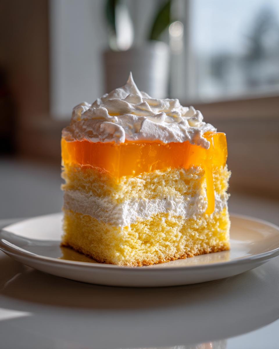 Close-up of a layered slice of Creamsicle Cake featuring yellow sponge, white cream, orange gelatin, and whipped cream.