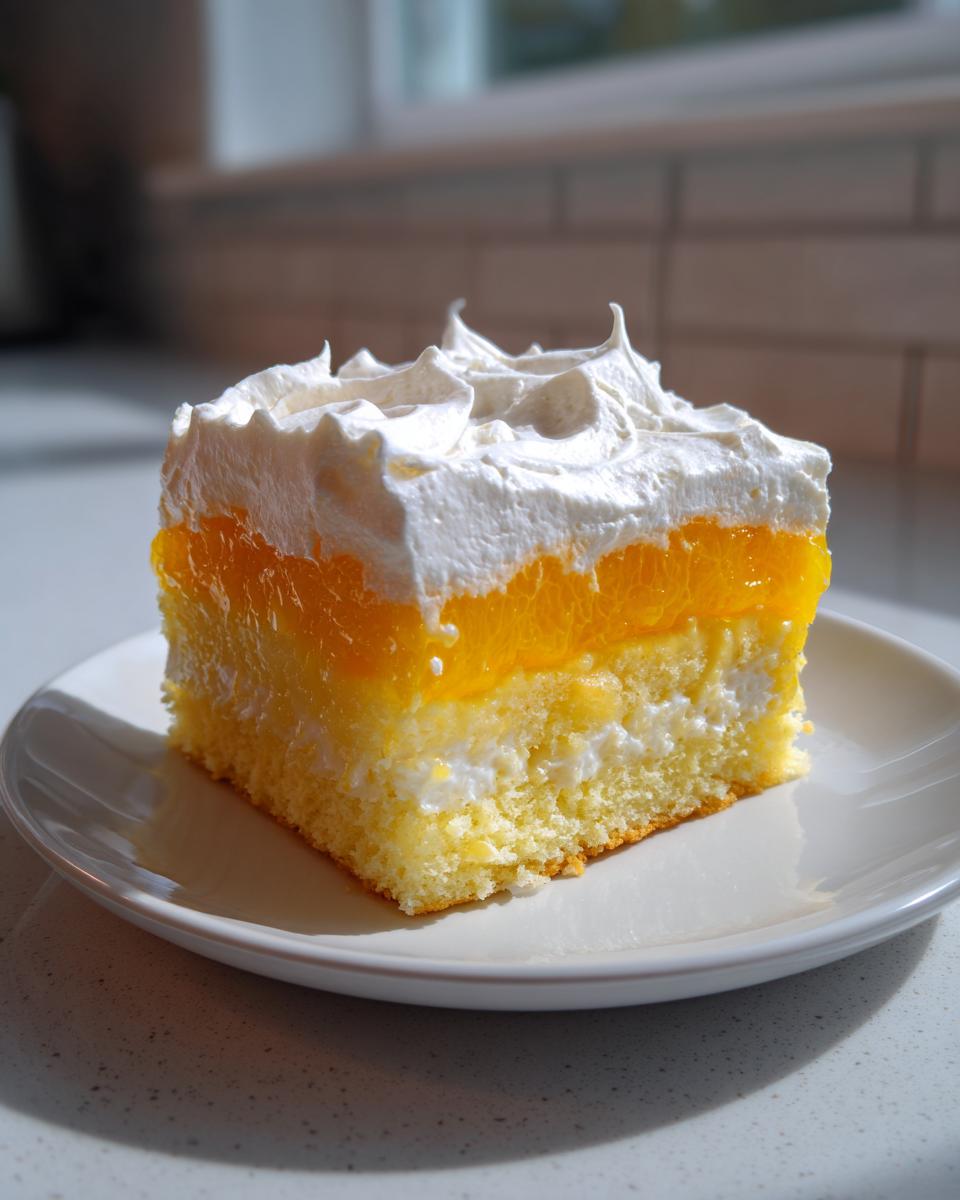 A square slice of Creamsicle Cake showing layers of yellow cake, white cream, bright orange gelatin, and piped whipped topping.
