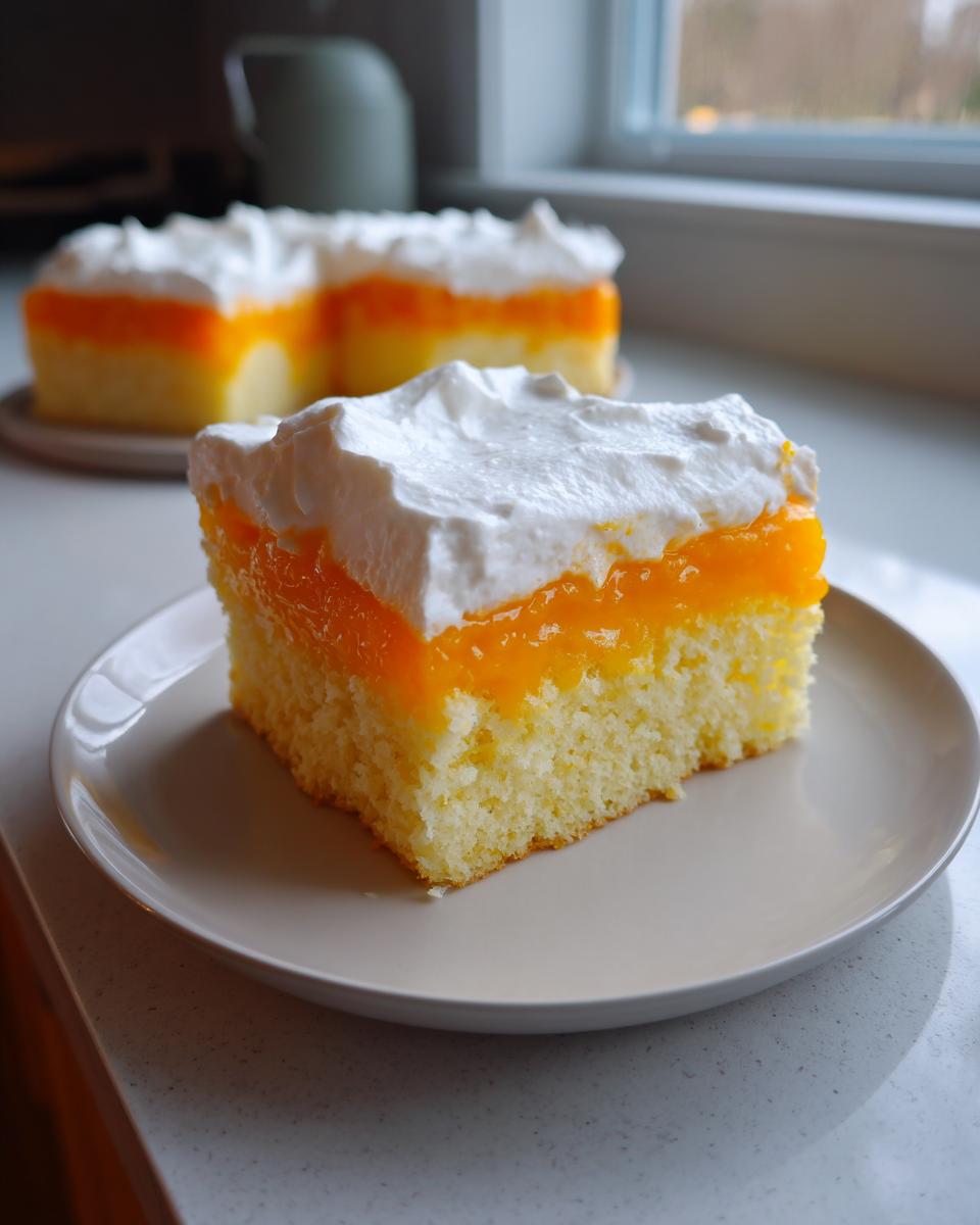 A square slice of Creamsicle Cake featuring a yellow sponge base, bright orange gelatin layer, and thick white whipped topping.