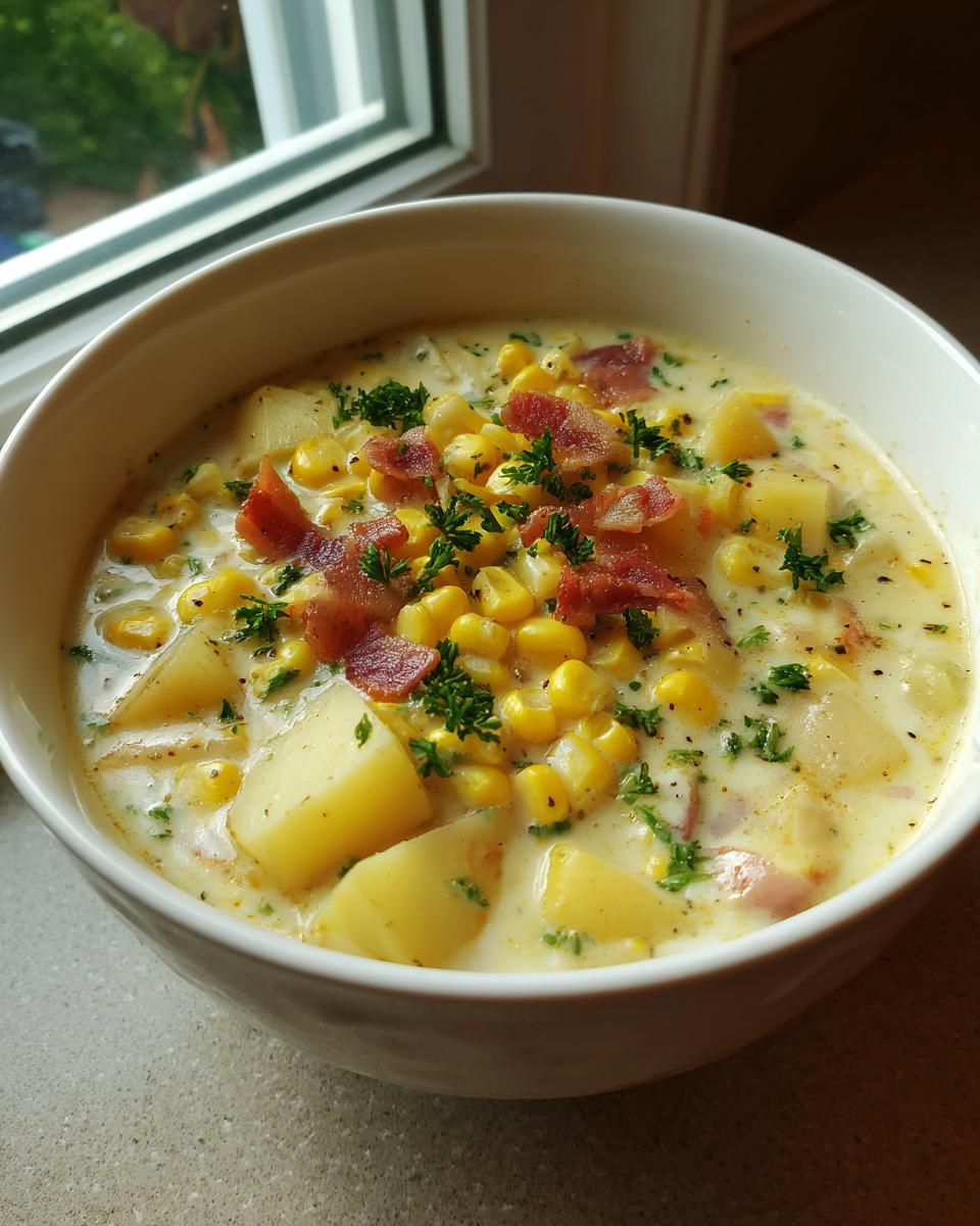 A close-up of a creamy bowl of corn chowder recipe, topped with bacon bits and fresh parsley.