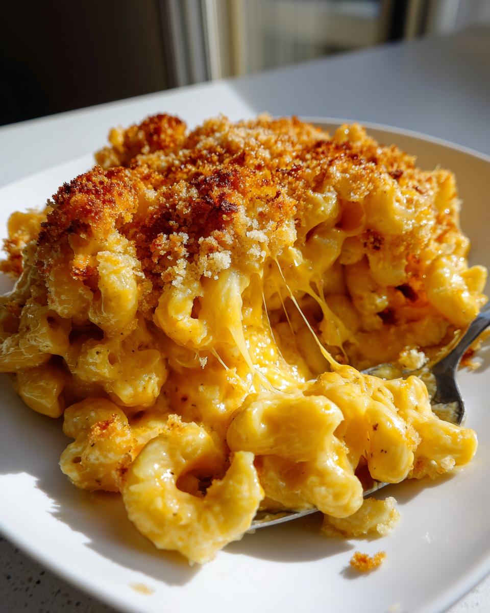 A close-up of creamy baked mac and cheese recipe with long cheese pulls and a golden brown breadcrumb topping.