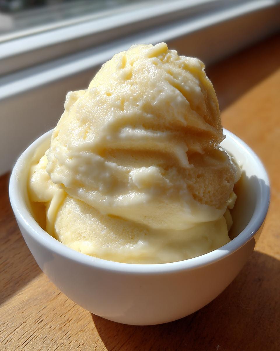 A close-up of a generous scoop of creamy, pale yellow banana ice cream served in a small white bowl.