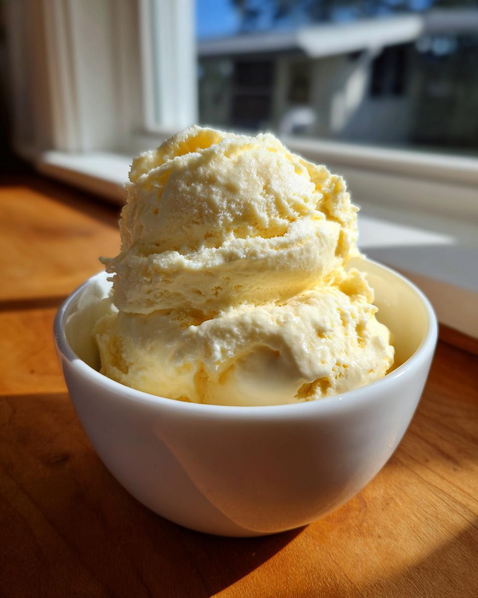 Two scoops of creamy, pale yellow banana ice cream served in a small white bowl on a wooden surface.