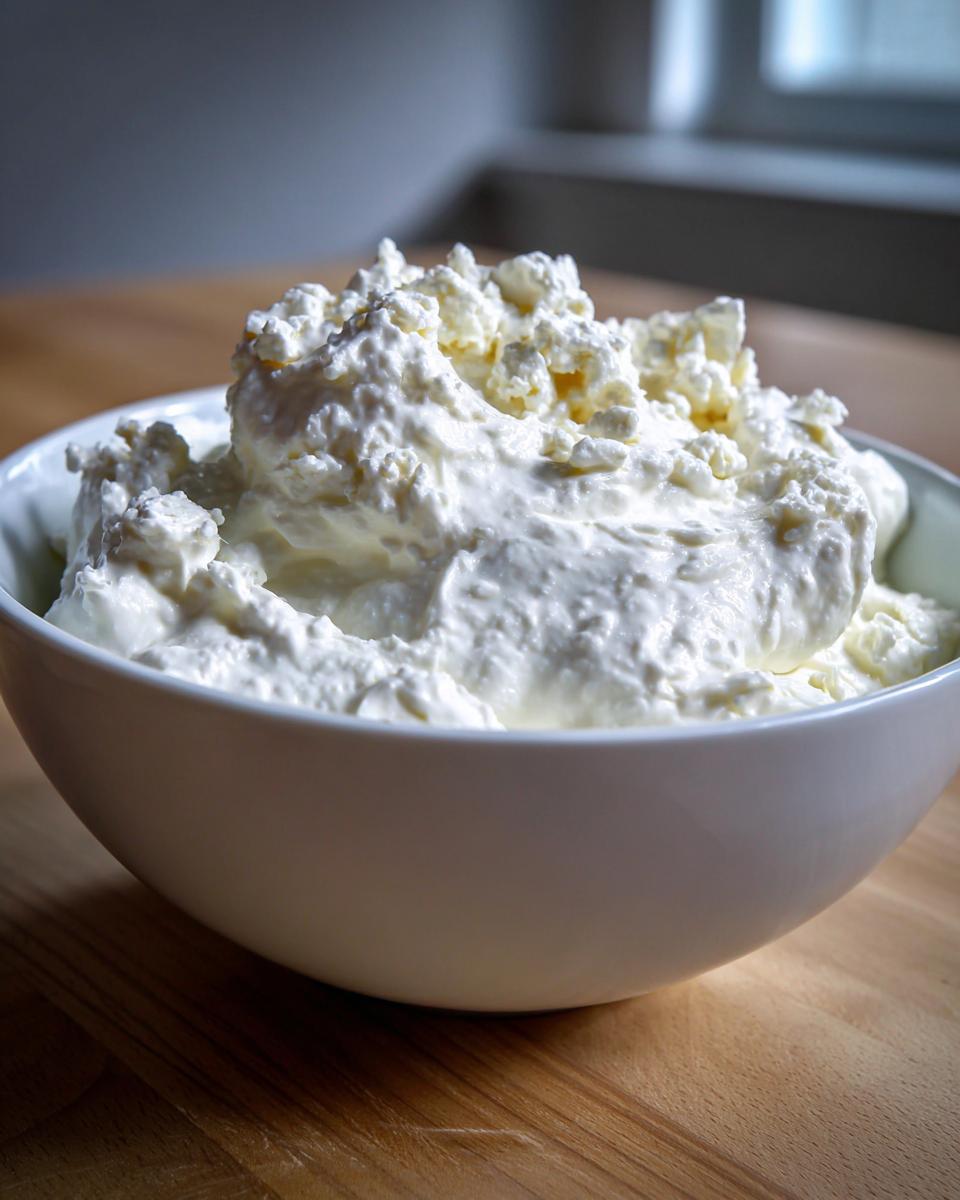 A white bowl filled with a thick, creamy base mixture, likely containing sour cream or cream cheese, for making blue cheese dip.
