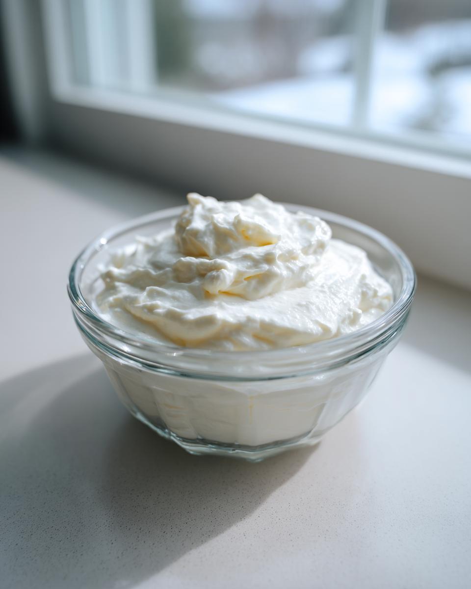 A glass bowl filled with creamy white base ingredient for horseradish sauce, sitting by a window.