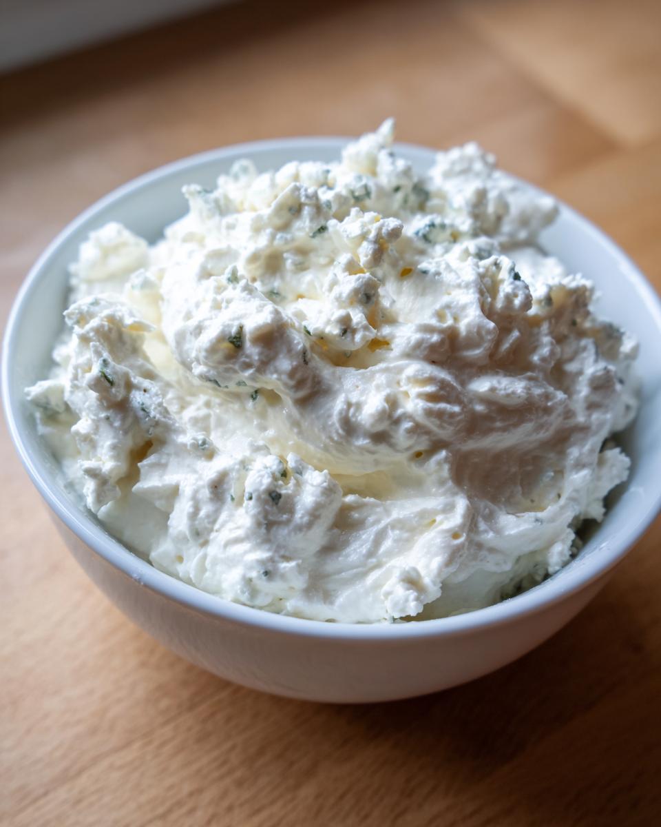 Close-up of a white bowl filled with thick, creamy blue cheese dip featuring visible crumbles of blue cheese.