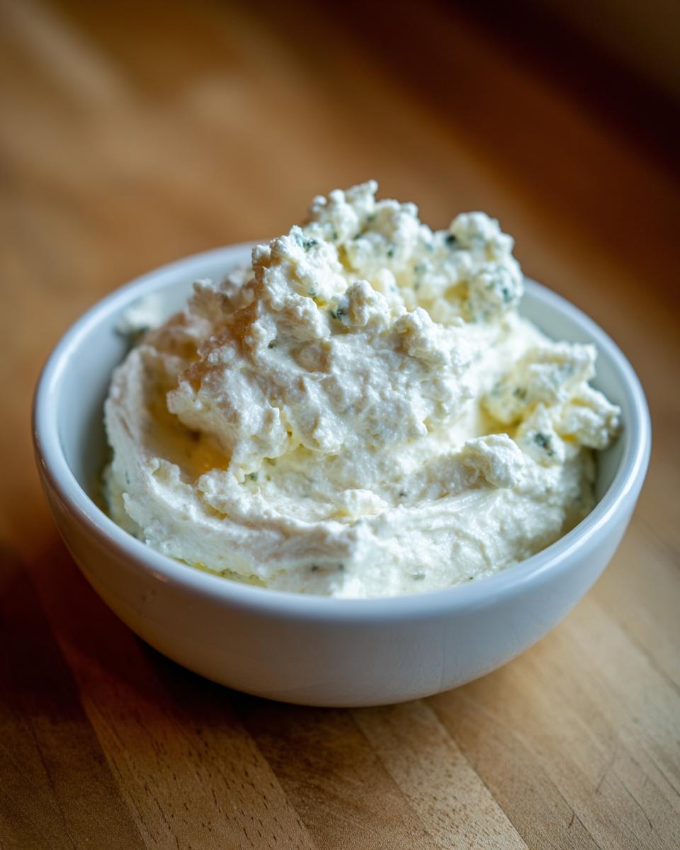 A close-up of thick, creamy blue cheese dip, featuring visible crumbles of blue cheese, served in a white bowl on a wooden surface.
