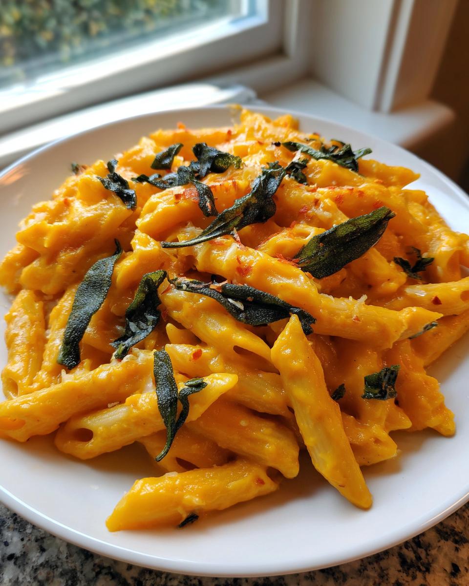 Close-up of creamy butternut squash pasta tossed with penne, topped with crispy sage leaves.