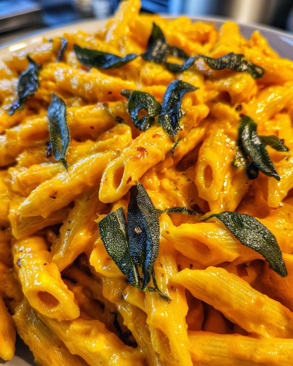 Close-up of penne pasta coated in a rich, orange butternut squash pasta sauce, topped with fried sage leaves.