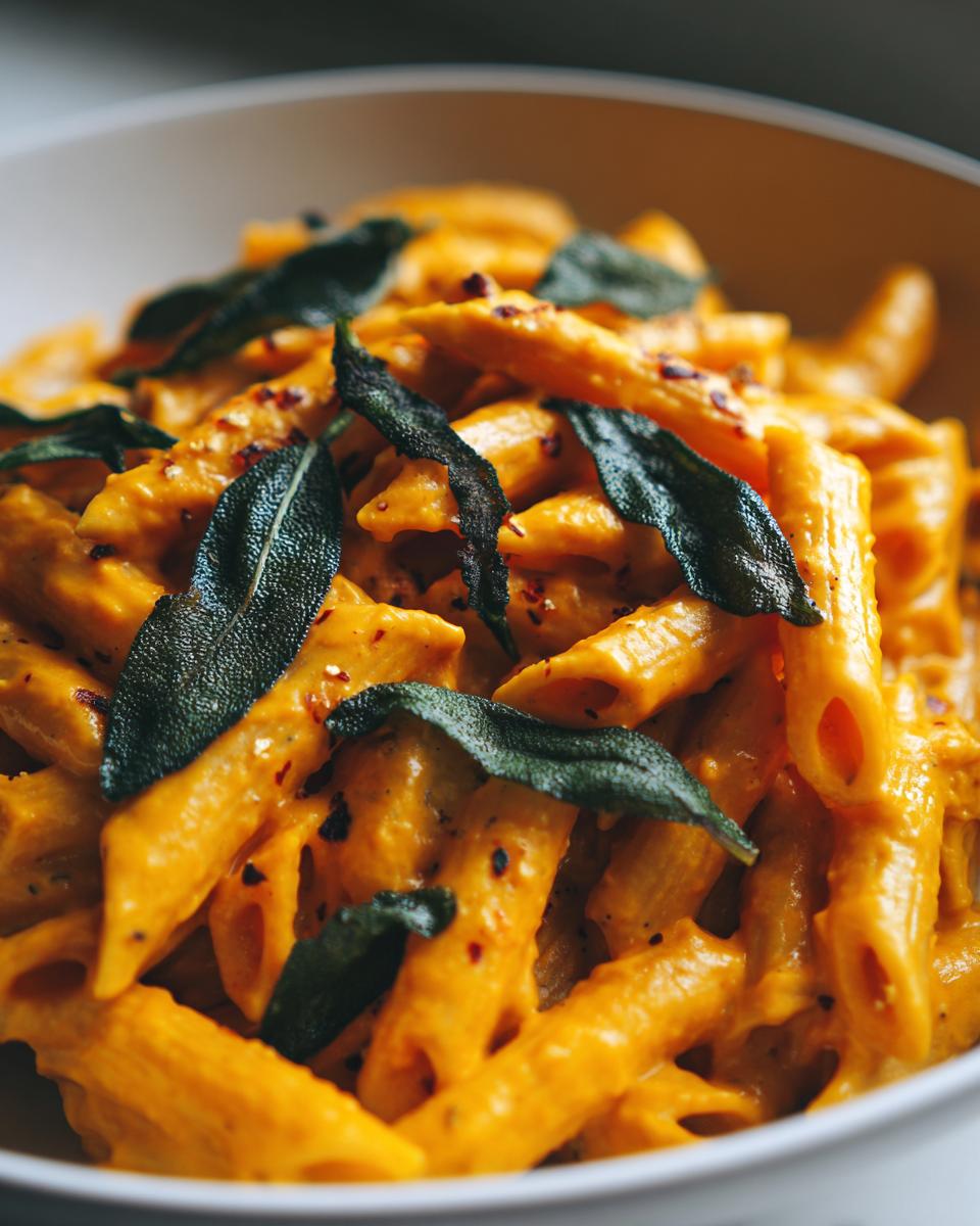 Close-up of creamy butternut squash pasta tossed in a rich orange sauce and topped with crispy fried sage leaves.