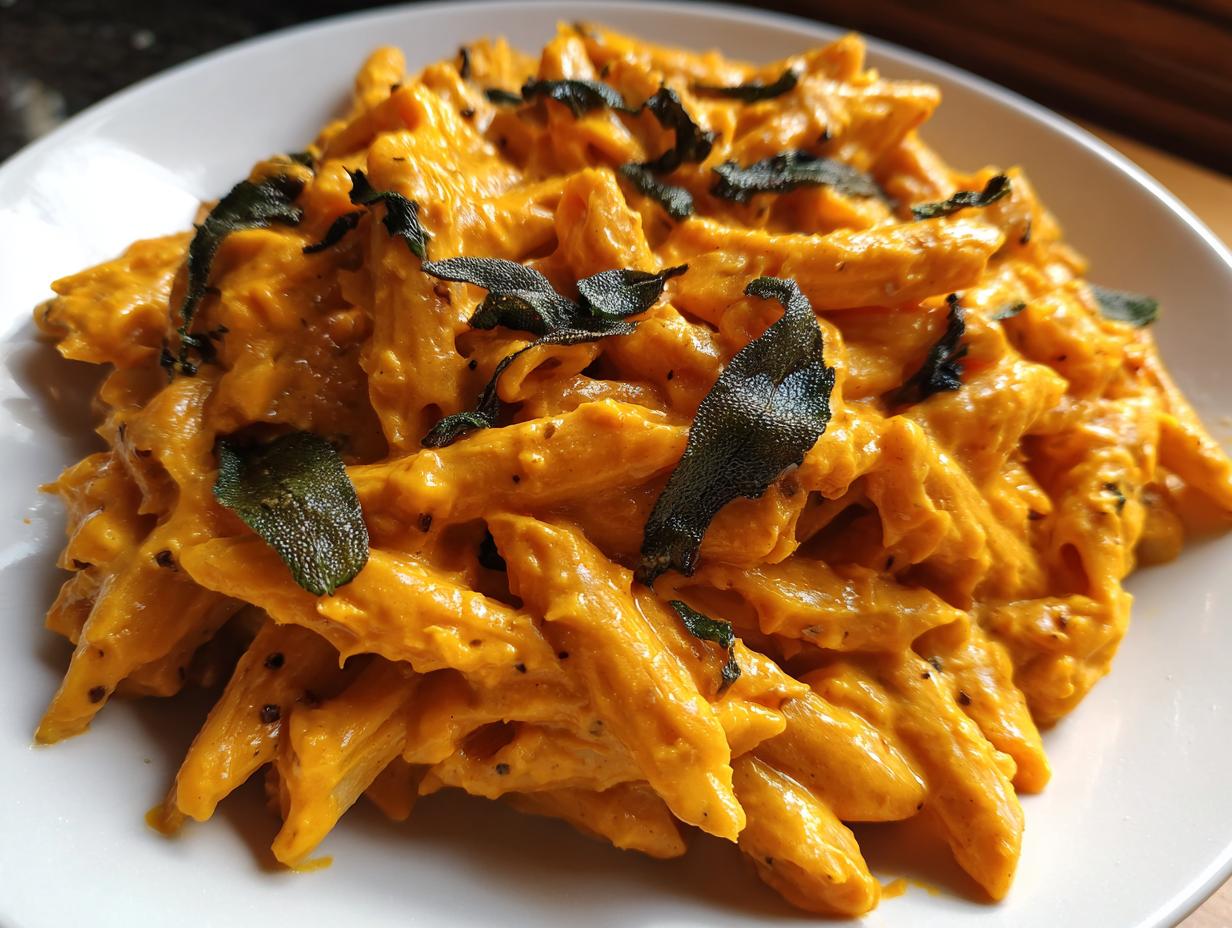 Close-up of creamy butternut squash pasta tossed with penne and topped with crispy fried sage leaves.