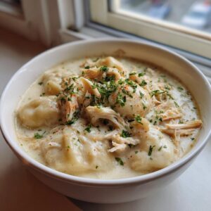 A close-up of a white bowl filled with creamy chicken and dumpling, topped with shredded chicken and fresh parsley.