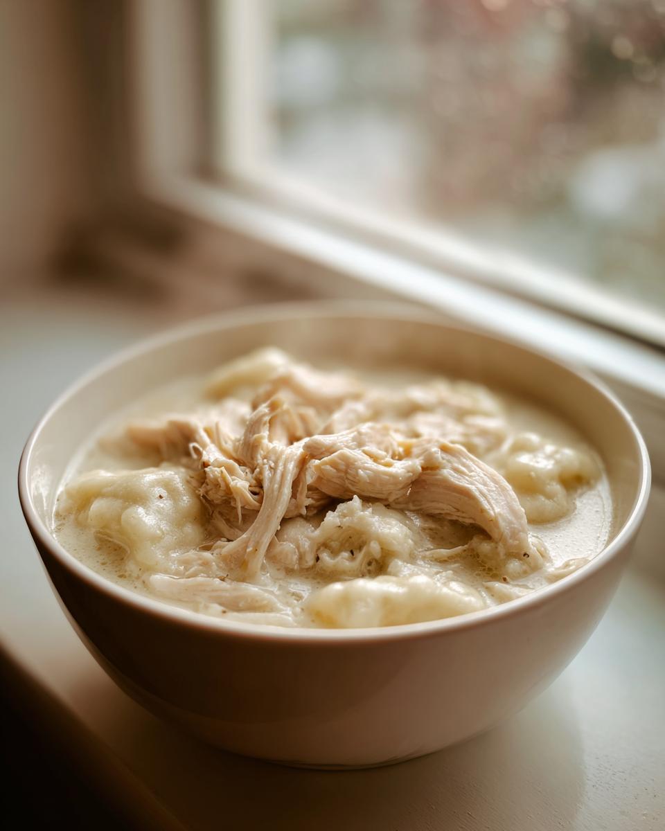 Close-up of a creamy bowl of chicken and dumpling soup topped with shredded chicken, set near a window.