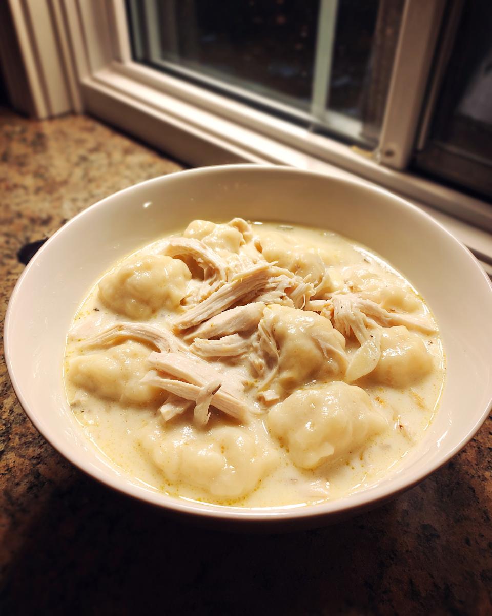 A close-up of a creamy bowl of chicken and dumpling, featuring shredded chicken on top of soft dumplings.