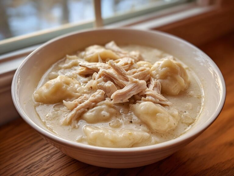 A close-up of a white bowl filled with creamy chicken and dumpling soup, topped with shredded chicken.