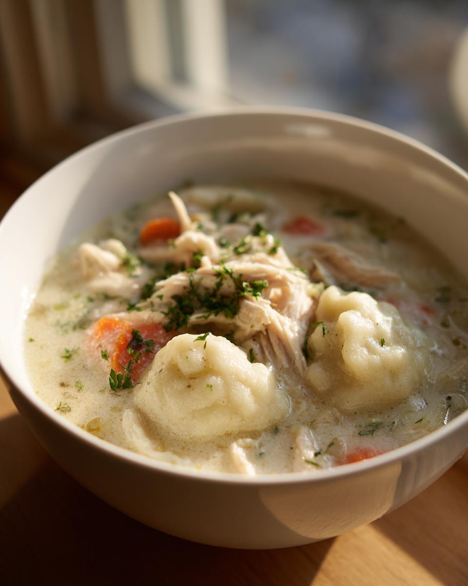 Close-up of a white bowl filled with creamy chicken and dumpling soup, topped with shredded chicken and fresh parsley.