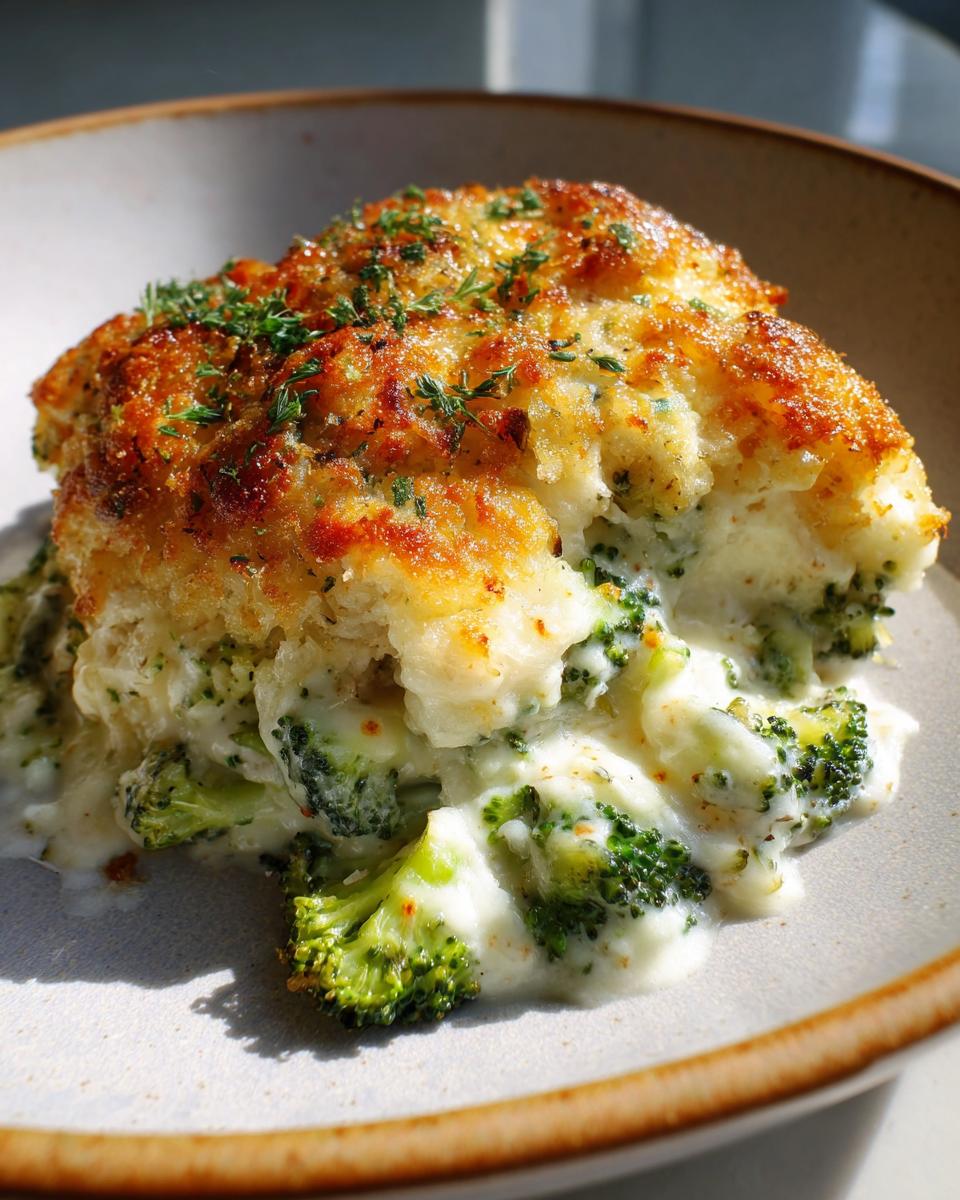 A close-up serving of creamy Chicken Divan featuring bright green broccoli florets covered in a rich sauce and topped with a golden, baked crust.