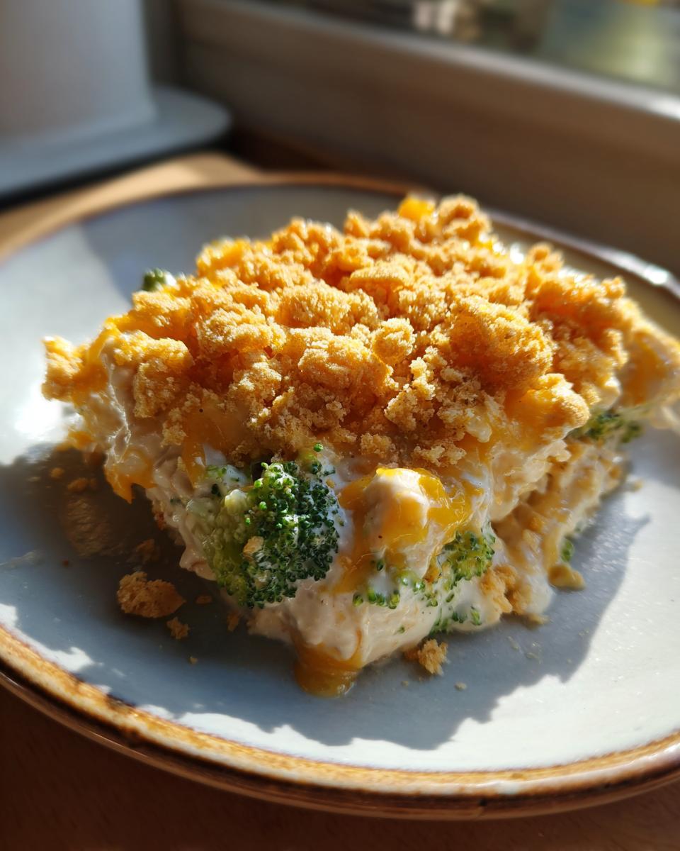 A close-up serving of creamy Chicken Divan featuring broccoli florets, cheese sauce, and a crunchy golden crumb topping.