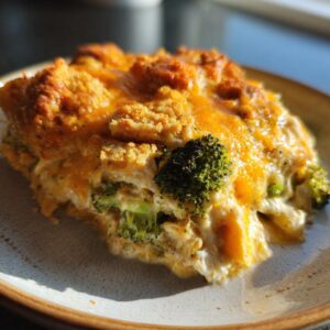 A close-up serving of creamy Chicken Divan topped with melted cheddar cheese and visible broccoli florets.