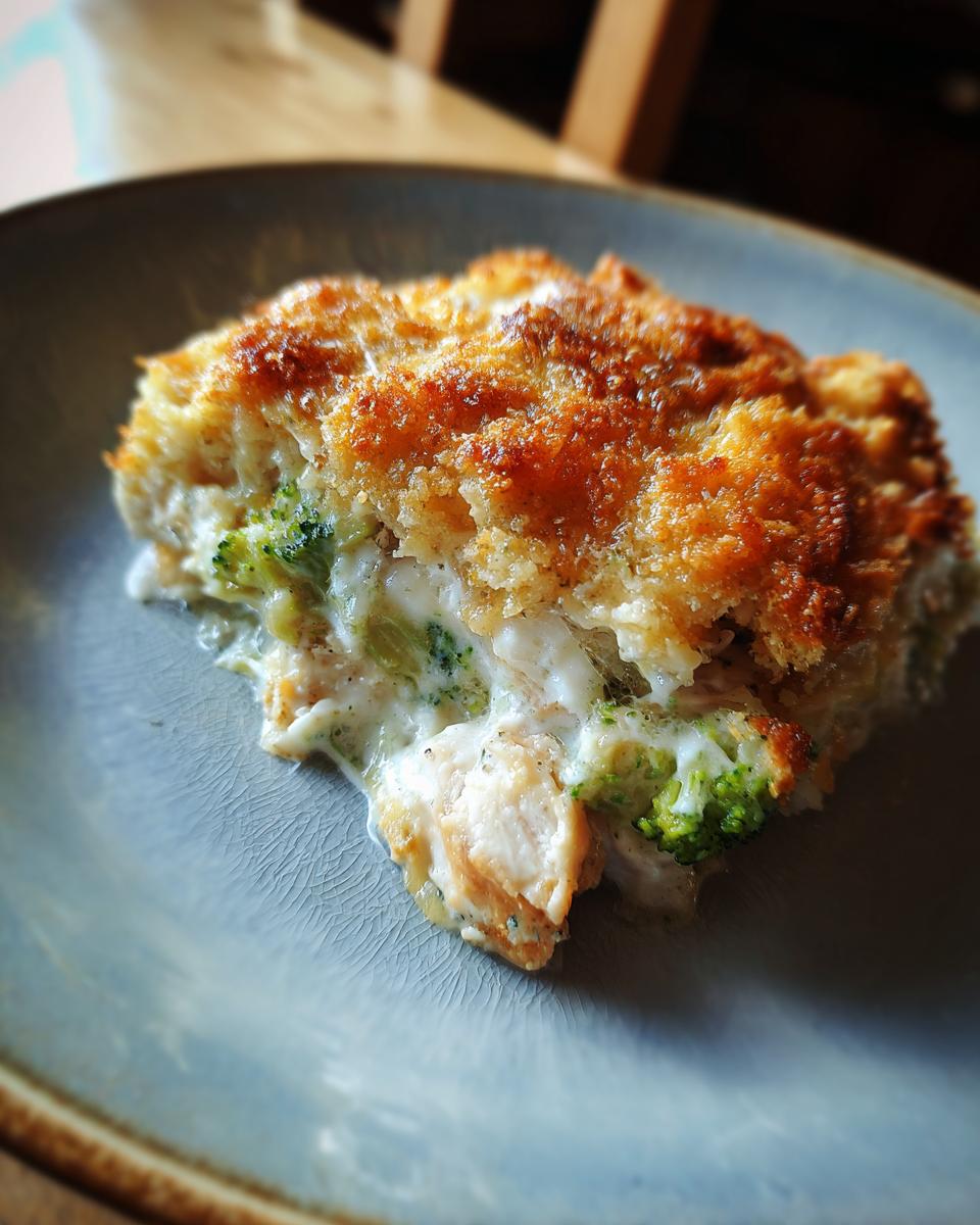 A close-up serving of creamy Chicken Divan featuring chunks of chicken, broccoli, and a golden, crunchy topping.